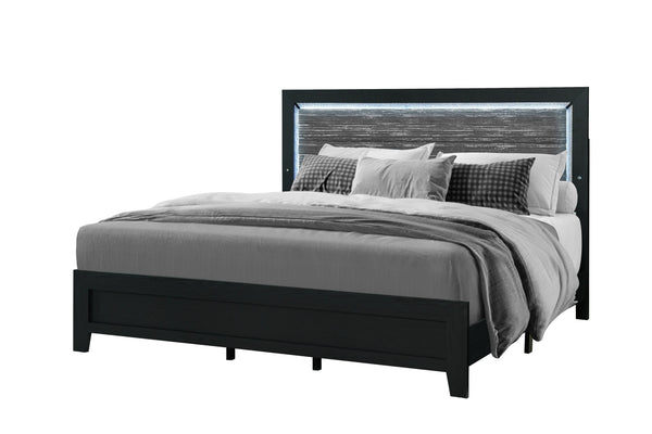English Elm CARLOS Modern Black King Bed with Upholstered Headboard, Solid Wood+MDF Frame and LED Accent Lighting B201P256664