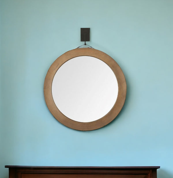 Homeroots 44" Wood Brown Round Framed Accent Mirror  Wood 376439