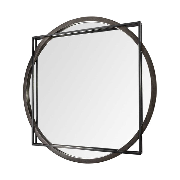 Homeroots 46" Round On Square Black Wood And Metal Frame Wall Mirror  Metal 376440