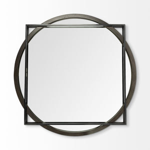 Homeroots 46" Round On Square Black Wood And Metal Frame Wall Mirror  Metal 376440