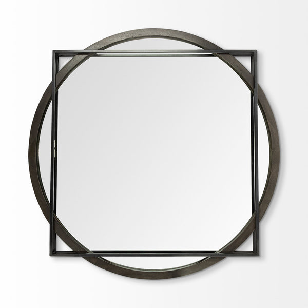 Homeroots 46" Round On Square Black Wood And Metal Frame Wall Mirror  Metal 376440