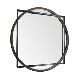 Homeroots 46" Round On Square Black Wood And Metal Frame Wall Mirror  Metal 376440