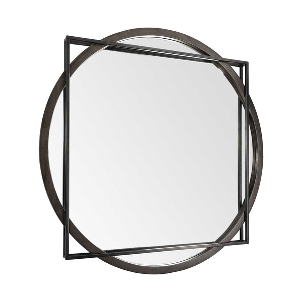 Homeroots 46" Round On Square Black Wood And Metal Frame Wall Mirror  Metal 376440