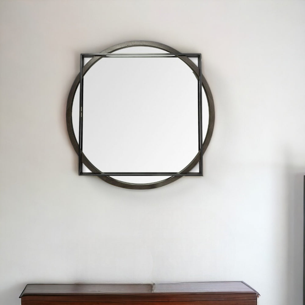 Homeroots 46" Round On Square Black Wood And Metal Frame Wall Mirror  Metal 376440