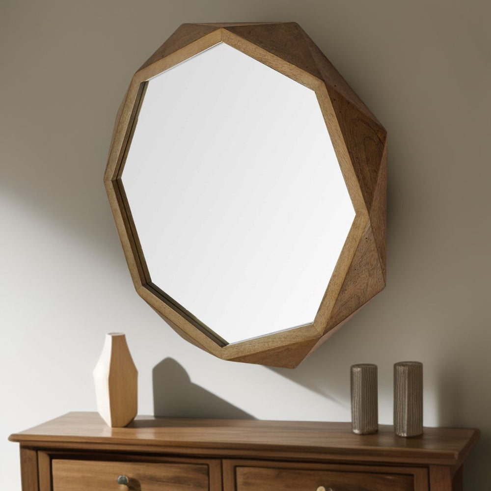 Homeroots 41" Octagon Brown Wood Frame Wall Mirror  Wood 376442