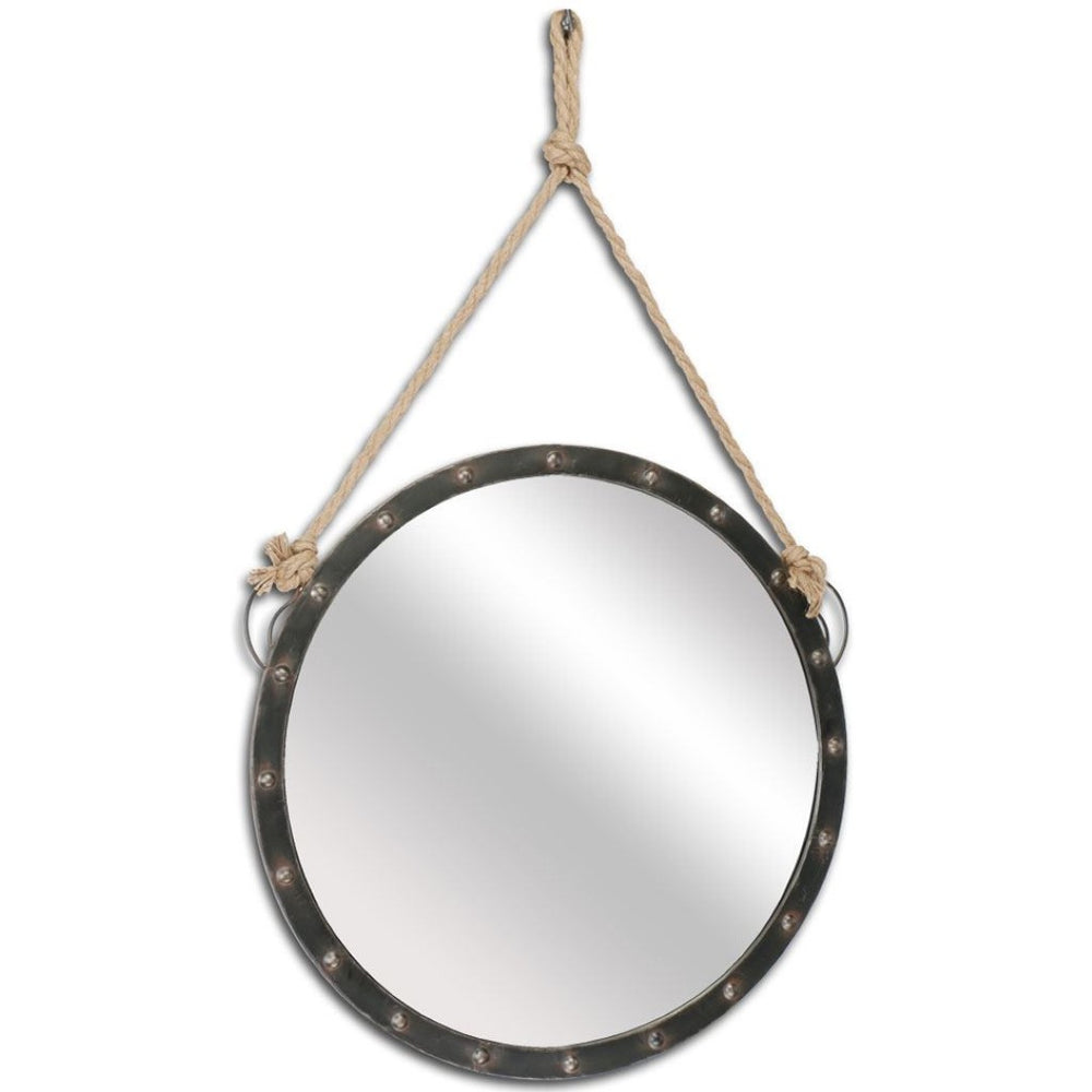 HomeRoots 27" Round Metal Frame Wall Mirror – Rustic Coastal Charm with Rope Hanging for Any Interior Space 376444