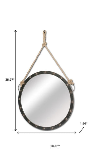 HomeRoots 27" Round Metal Frame Wall Mirror – Rustic Coastal Charm with Rope Hanging for Any Interior Space 376444
