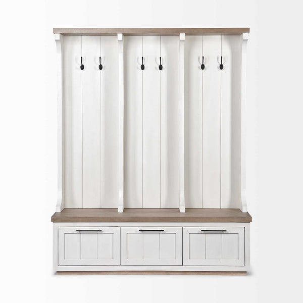 Homeroots White And Medium Brown Wood Hall Tree With Storage  Wood 376446