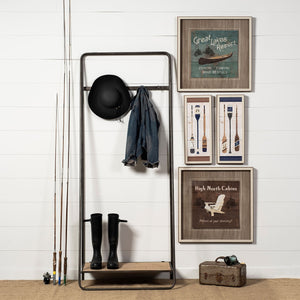 Homeroots Black Pipe Metal And Wood Shelf Hall Tree  Metal 376447