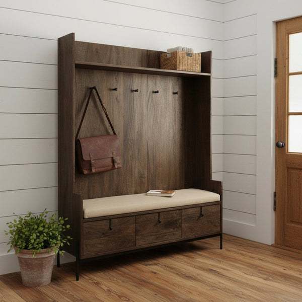 HomeRoots Brown Wood Cream Fabric Wrapped Seat Hall Tree - Stylish Storage Solution for Entryways & Mudrooms 376448