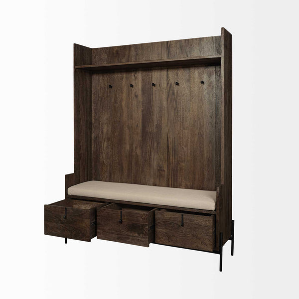 Homeroots Brown Wood Cream Fabric Wrapped Seat Hall Tree With Storage  Wood 376448