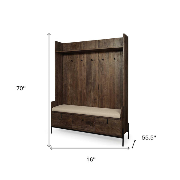 Homeroots Brown Wood Cream Fabric Wrapped Seat Hall Tree With Storage  Wood 376448