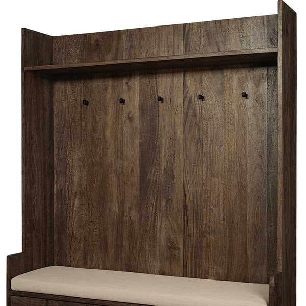Homeroots Brown Wood Cream Fabric Wrapped Seat Hall Tree With Storage  Wood 376448