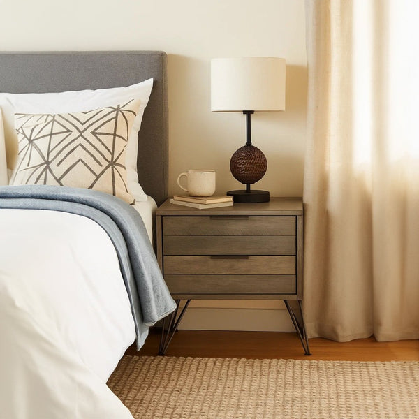 English Elm Contemporary Solid Wood Two Drawer Nightstand with Hairpin Legs for Modern Bedrooms B056P412644