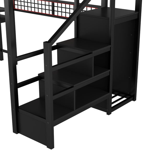 English Elm Metal Full Loft Bed with L Shaped Desk Wardrobe Rgb Lighting and Usb Charging W2593S00062