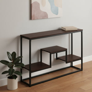 HomeRoots 48" Multi-Functional Console Table with Brown Top, Black Metal Frame & 3 Shelves for Stylish Storage 376516