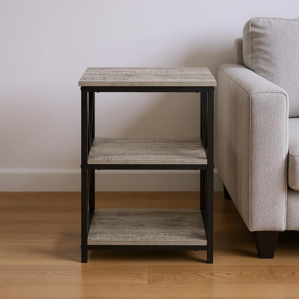 HomeRoots 26" Rectangular Grey Wood-Look Accent Table with Black Metal Legs for Modern Spaces & Storage 376521