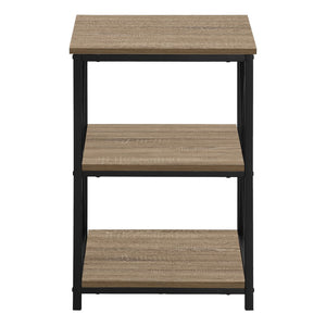 HomeRoots 26" Modern Industrial Dark Taupe Accent Table with Black Metal Legs and Open Shelves for Versatility 376522