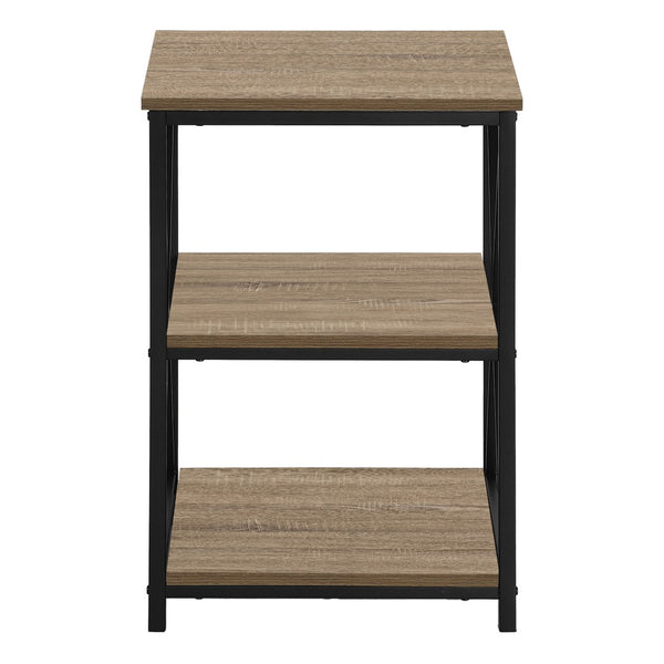 HomeRoots 26" Modern Industrial Dark Taupe Accent Table with Black Metal Legs and Open Shelves for Versatility 376522
