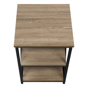 HomeRoots 26" Modern Industrial Dark Taupe Accent Table with Black Metal Legs and Open Shelves for Versatility 376522