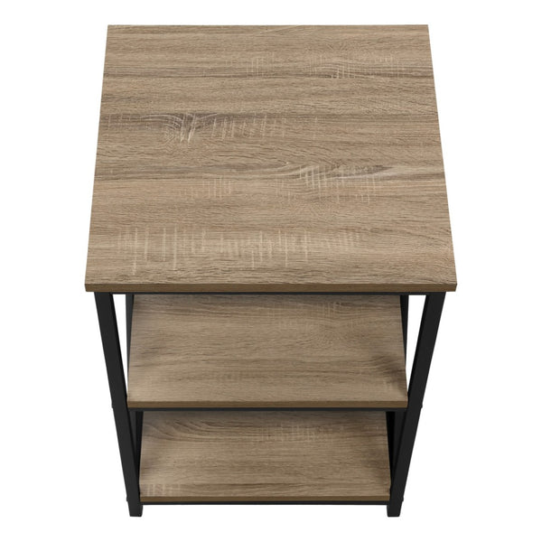 HomeRoots 26" Modern Industrial Dark Taupe Accent Table with Black Metal Legs and Open Shelves for Versatility 376522