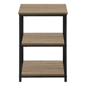 HomeRoots 26" Modern Industrial Dark Taupe Accent Table with Black Metal Legs and Open Shelves for Versatility 376522