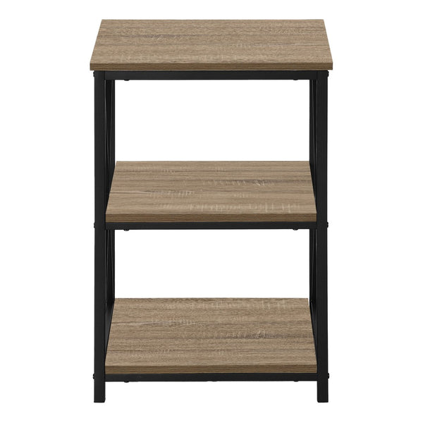 HomeRoots 26" Modern Industrial Dark Taupe Accent Table with Black Metal Legs and Open Shelves for Versatility 376522