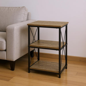 HomeRoots 26" Modern Industrial Dark Taupe Accent Table with Black Metal Legs and Open Shelves for Versatility 376522