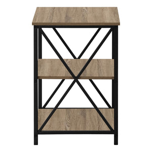 HomeRoots 26" Modern Industrial Dark Taupe Accent Table with Black Metal Legs and Open Shelves for Versatility 376522