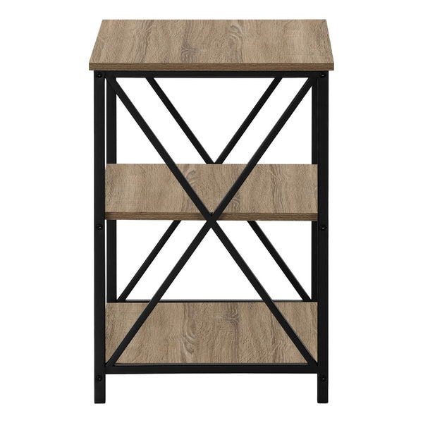 HomeRoots 26" Modern Industrial Dark Taupe Accent Table with Black Metal Legs and Open Shelves for Versatility 376522
