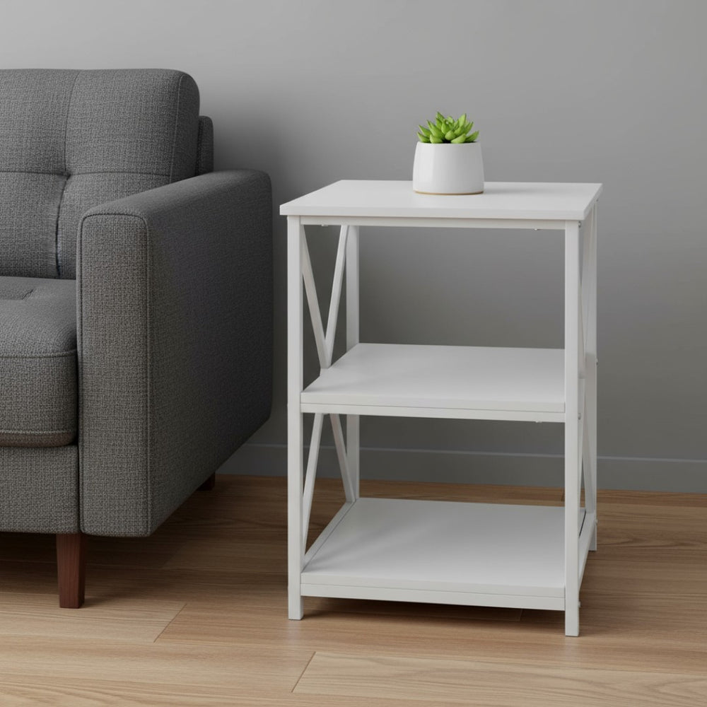 HomeRoots 26" Modern White Metal Accent Table with Open Shelves - Versatile Nightstand & End Table Design 376524