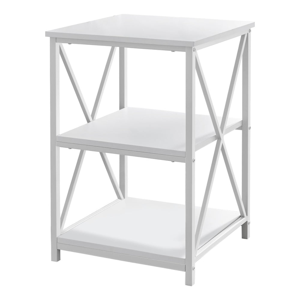 HomeRoots 26" Modern White Metal Accent Table with Open Shelves - Versatile Nightstand & End Table Design 376524