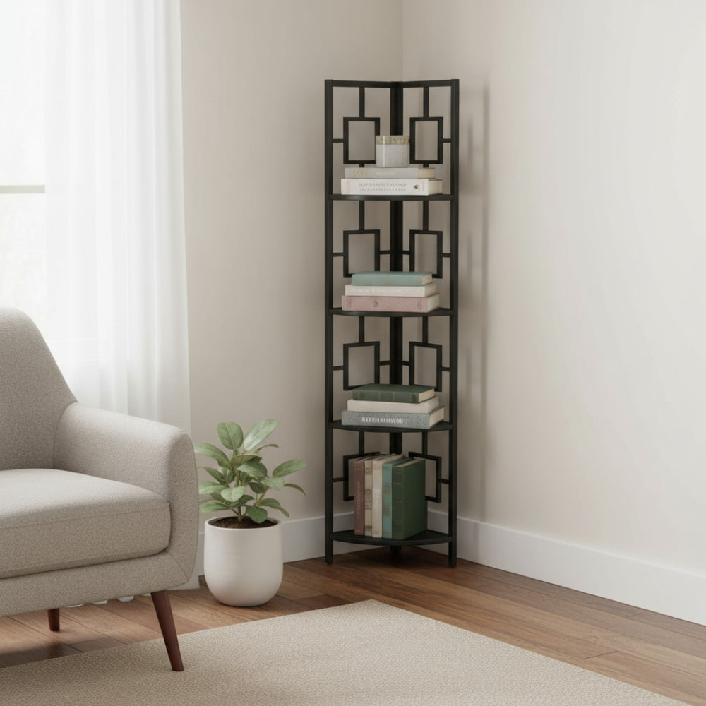 HomeRoots 62" Black Metal Corner Bookcase - Stylish Space-Saving Storage with Four Durable Shelves for Any Room 376525