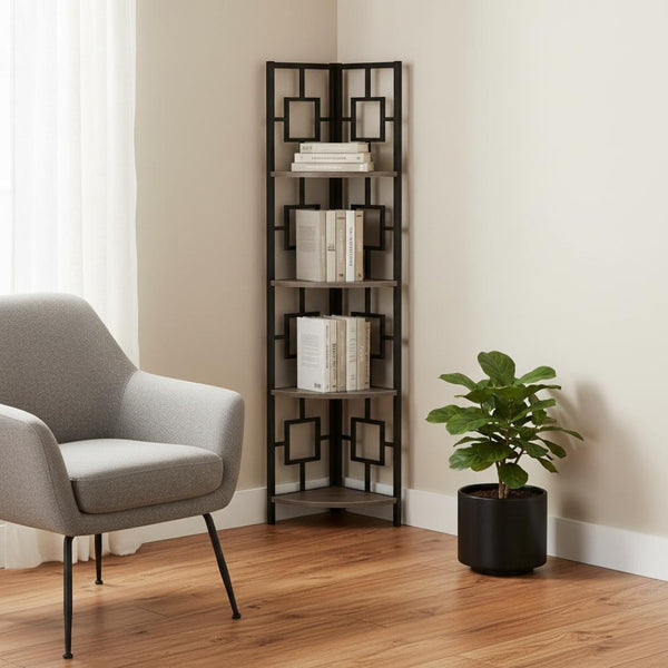 HomeRoots 62" Dark Taupe Metal Corner Bookcase - Stylish Space-Saving Storage for Home & Office Décor Solutions 376526