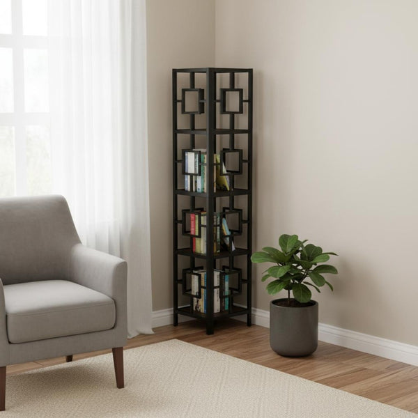 HomeRoots 62" Espresso Metal Corner Bookcase - Stylish Space-Saving Design for Home Office & Living Room Décor 376527