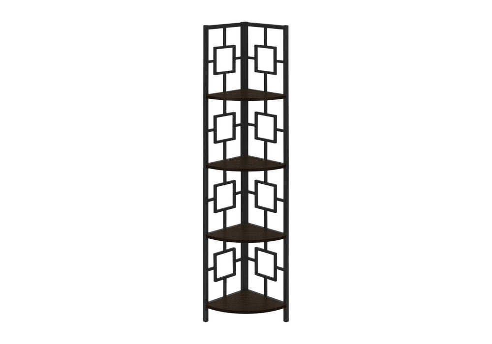 HomeRoots 62" Espresso Metal Corner Bookcase - Stylish Space-Saving Design for Home Office & Living Room Décor 376527