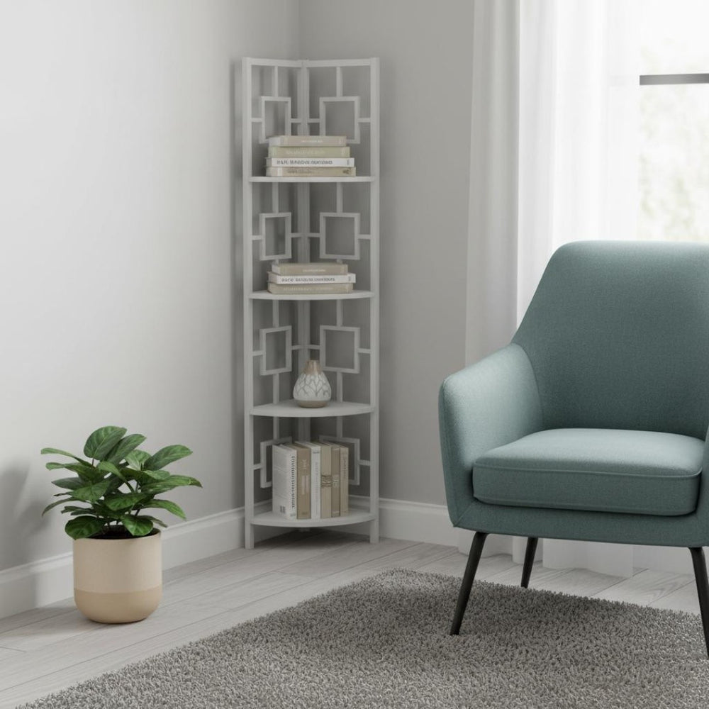 HomeRoots 62" White Metal Corner Bookcase - Stylish Four-Tier Storage for Small Spaces & Modern Decor Solutions 376528