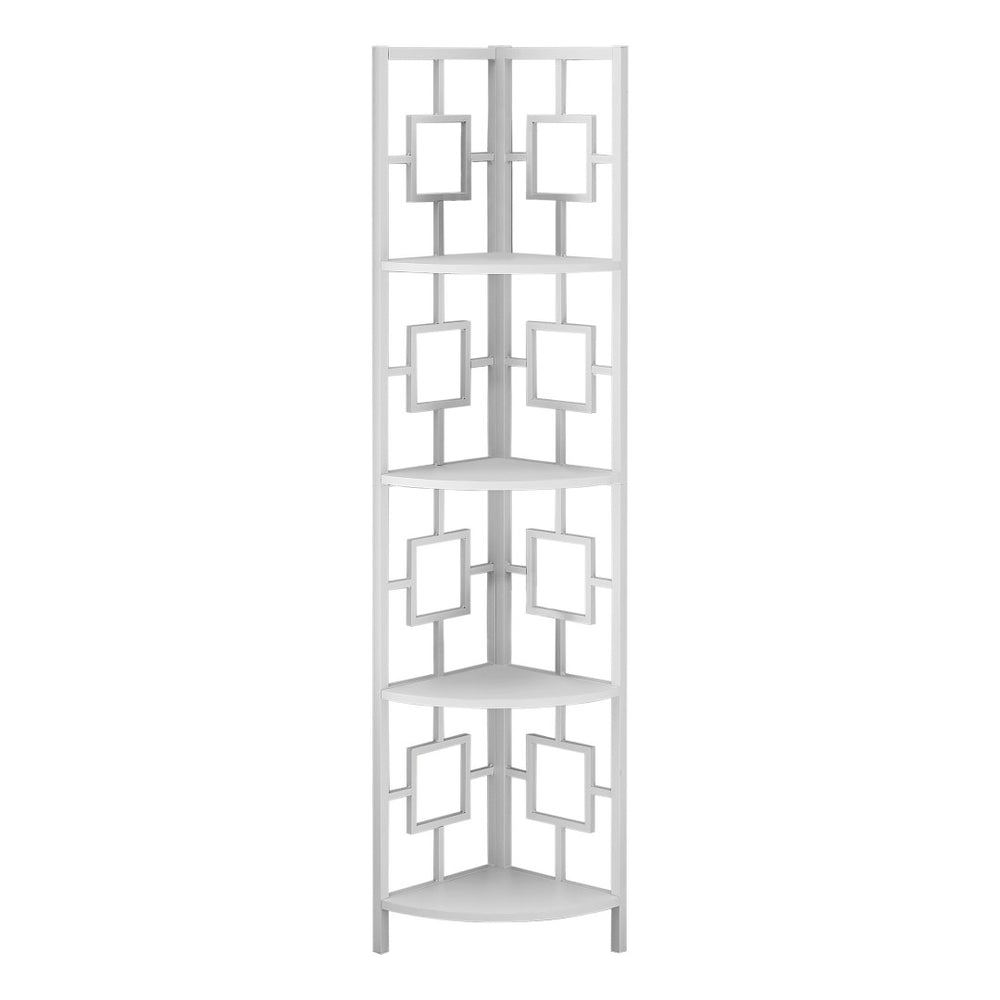 HomeRoots 62" White Metal Corner Bookcase - Stylish Four-Tier Storage for Small Spaces & Modern Decor Solutions 376528