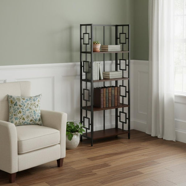 HomeRoots 62" Espresso Metal Geometric Bookcase - Stylish Space-Saving Storage for Modern Homes & Offices 376531