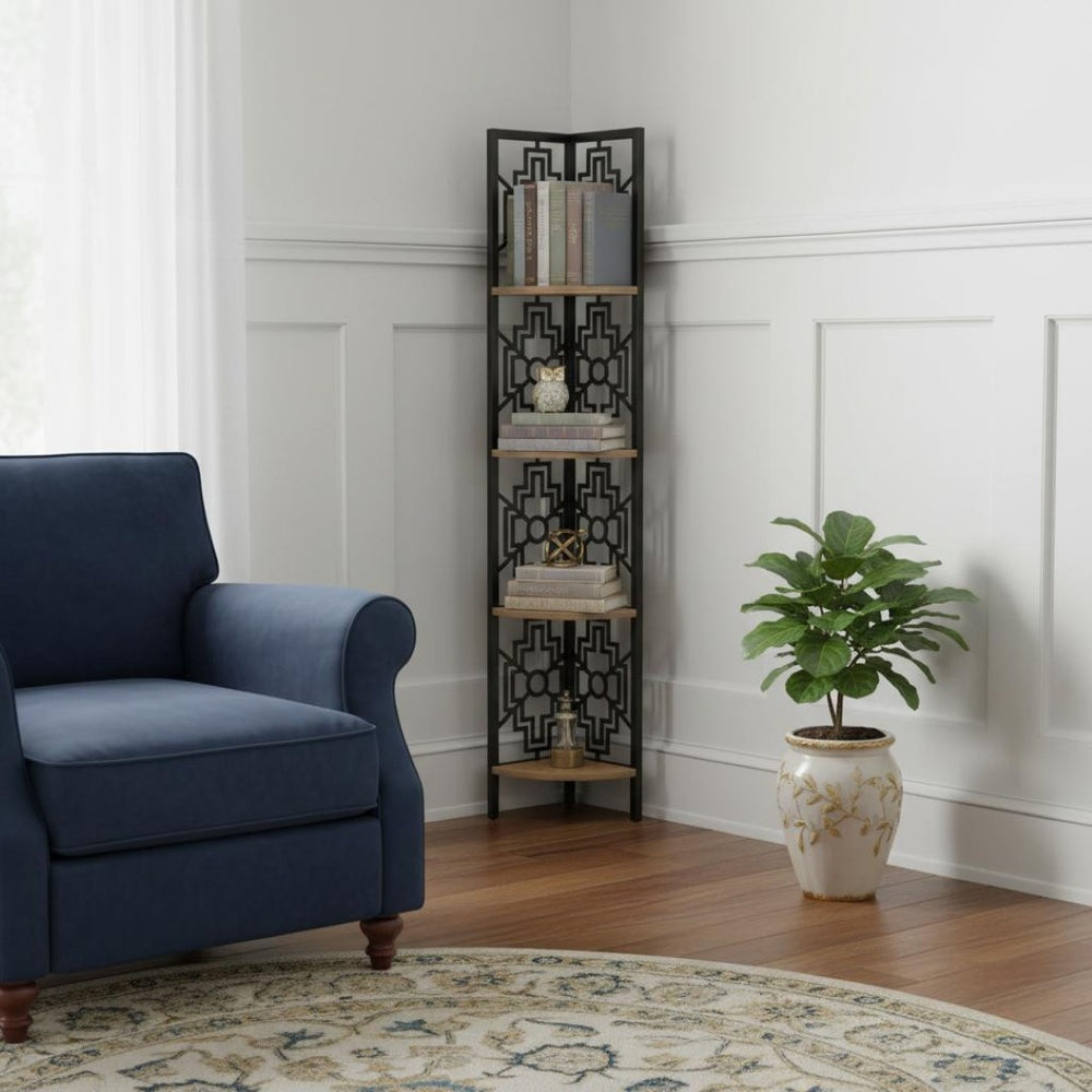 HomeRoots Taupe Metal Four-Tier Corner Bookcase – Stylish Space-Saving Storage for Modern Home Decor & Organization 376534