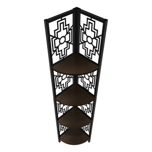 HomeRoots Espresso Metal Corner Bookcase - Stylish Four-Tier Storage Solution for Modern Living Spaces & Offices 376535