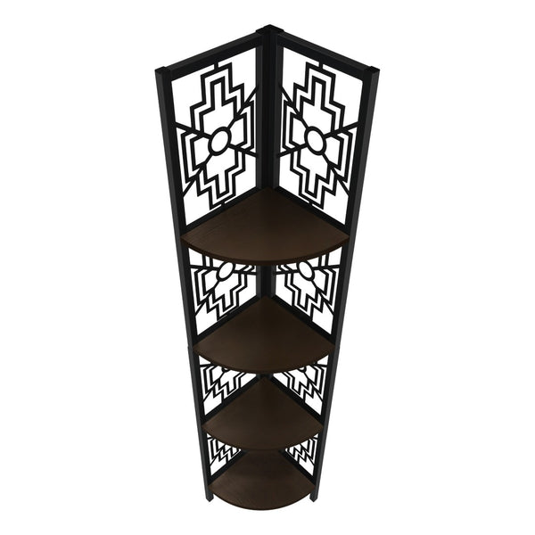 HomeRoots Espresso Metal Corner Bookcase - Stylish Four-Tier Storage Solution for Modern Living Spaces & Offices 376535