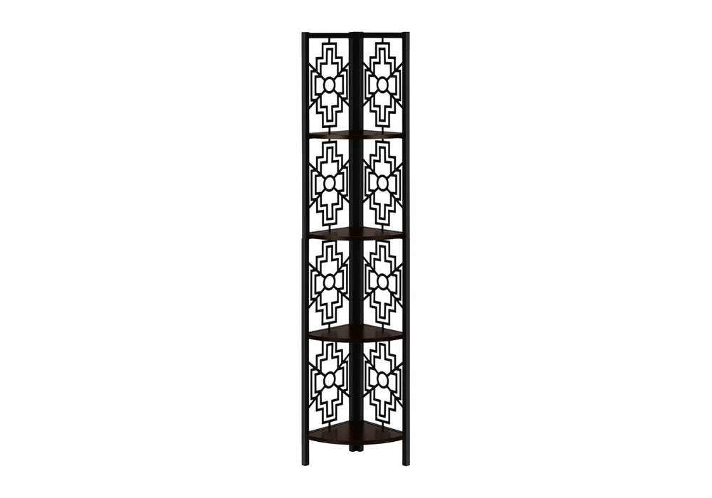 HomeRoots Espresso Metal Corner Bookcase - Stylish Four-Tier Storage Solution for Modern Living Spaces & Offices 376535