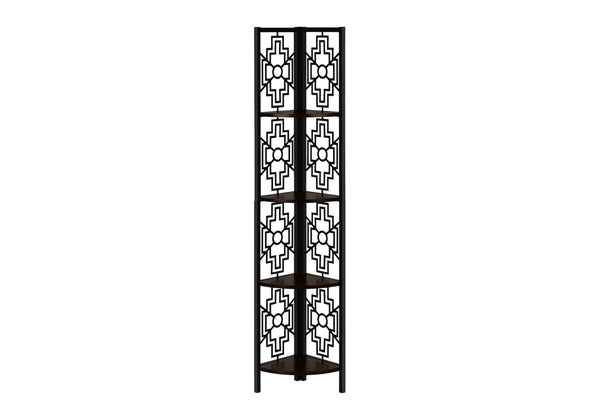 HomeRoots Espresso Metal Corner Bookcase - Stylish Four-Tier Storage Solution for Modern Living Spaces & Offices 376535