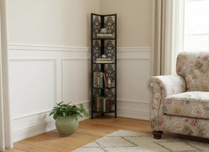 HomeRoots Espresso Metal Corner Bookcase - Stylish Four-Tier Storage Solution for Modern Living Spaces & Offices 376535