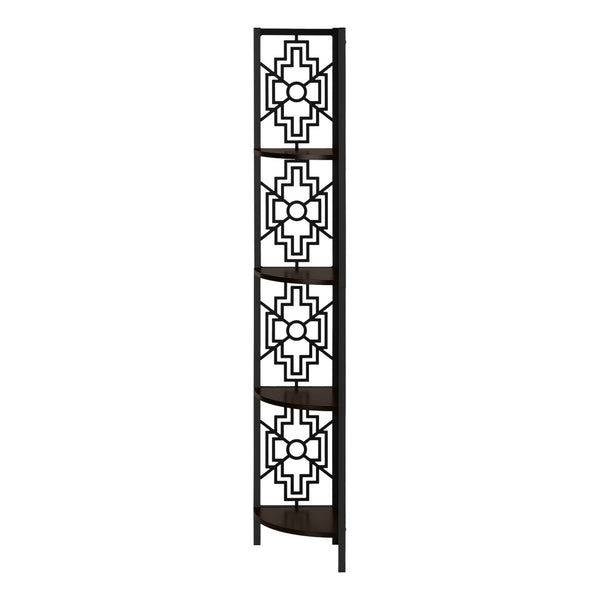 HomeRoots Espresso Metal Corner Bookcase - Stylish Four-Tier Storage Solution for Modern Living Spaces & Offices 376535