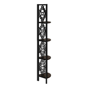 HomeRoots Espresso Metal Corner Bookcase - Stylish Four-Tier Storage Solution for Modern Living Spaces & Offices 376535