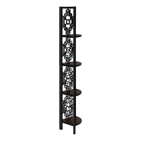 HomeRoots Espresso Metal Corner Bookcase - Stylish Four-Tier Storage Solution for Modern Living Spaces & Offices 376535