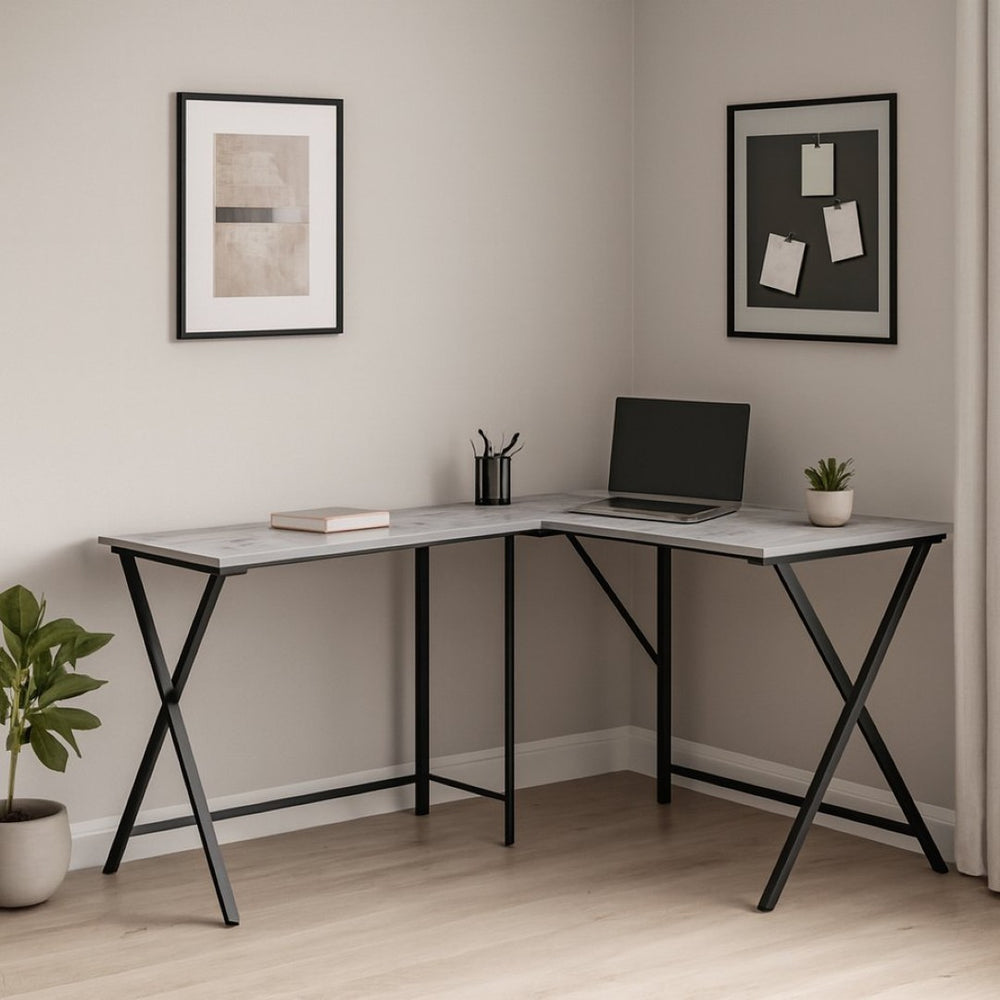 HomeRoots 55" Contemporary Gray and Black L-Shaped Computer Desk for Home Office - Modern, Sturdy, Spacious Workstation 376541