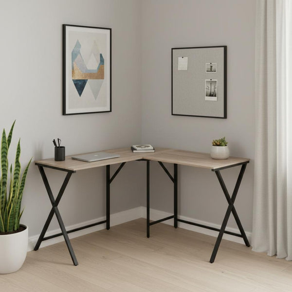 HomeRoots 55" Modern Taupe & Black L-Shaped Computer Desk for Home Office, Study, or Remote Work Setup 376542